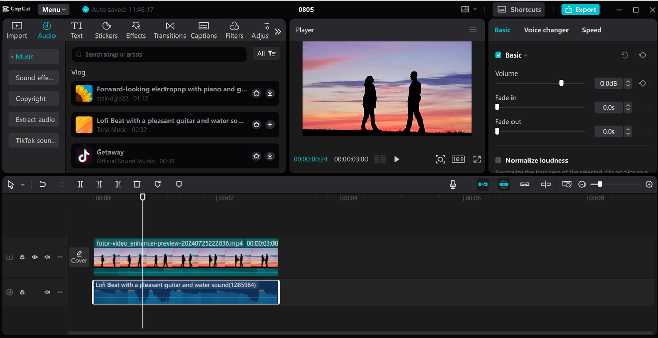 Editing interface of the CapCut desktop video editor - a perfect tool to remove vocals from a song