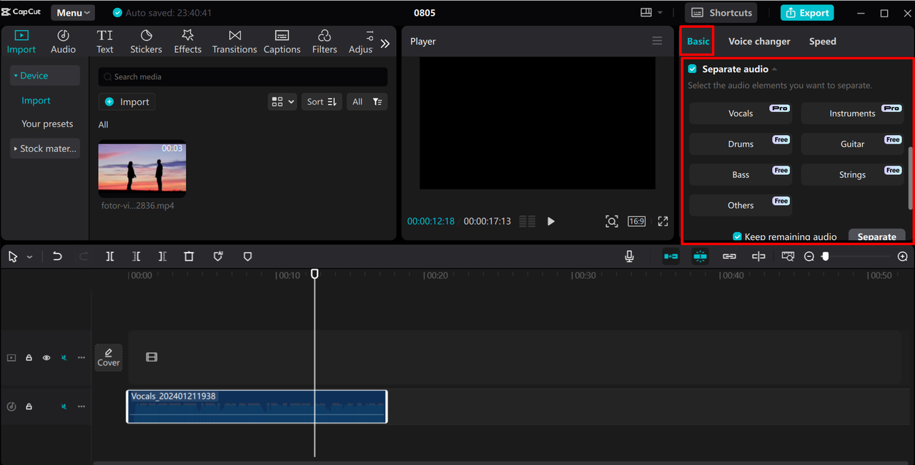 Separating the vocals from audio in the CapCut desktop video editor