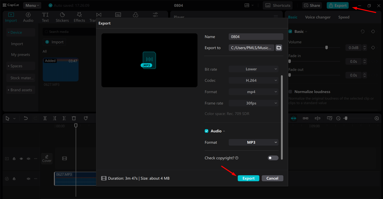 Exporting an audio file from the CapCut desktop video editor