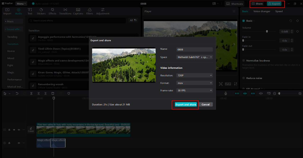 Exporting or sharing the video from the CapCut desktop video editor