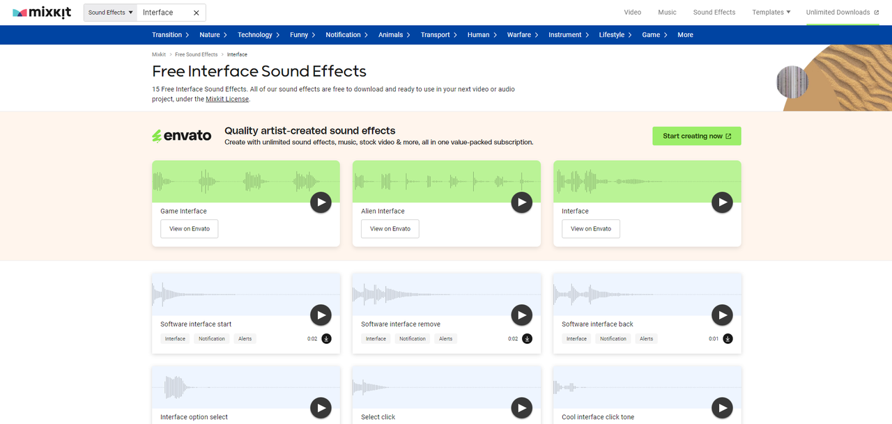 Interface of MixKit - the best resource to download sound effects for films