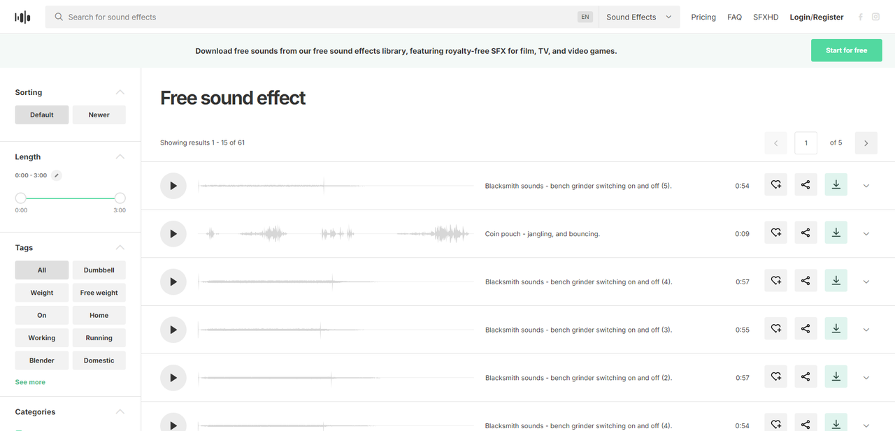  Interface of Soundsnap - another source to download sound effects for films 