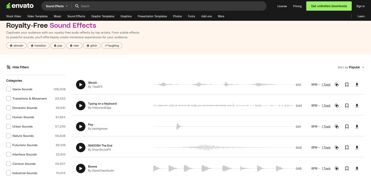 Interface of Envato - a reliable source for customizable sounds for films