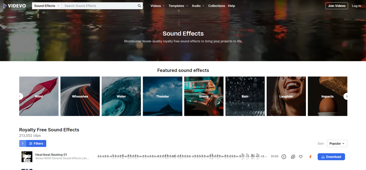 Interface of Videvo - accessible way to download sound effects for films