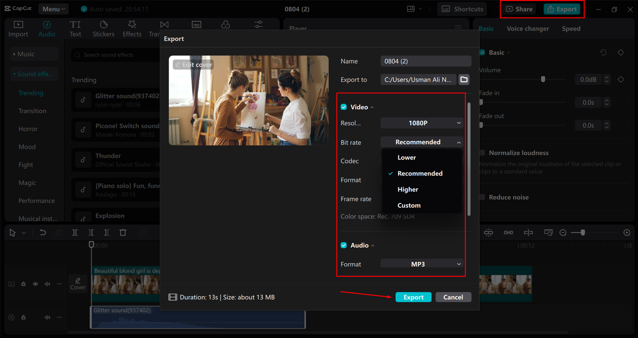 Exporting video from CapCut desktop video editor