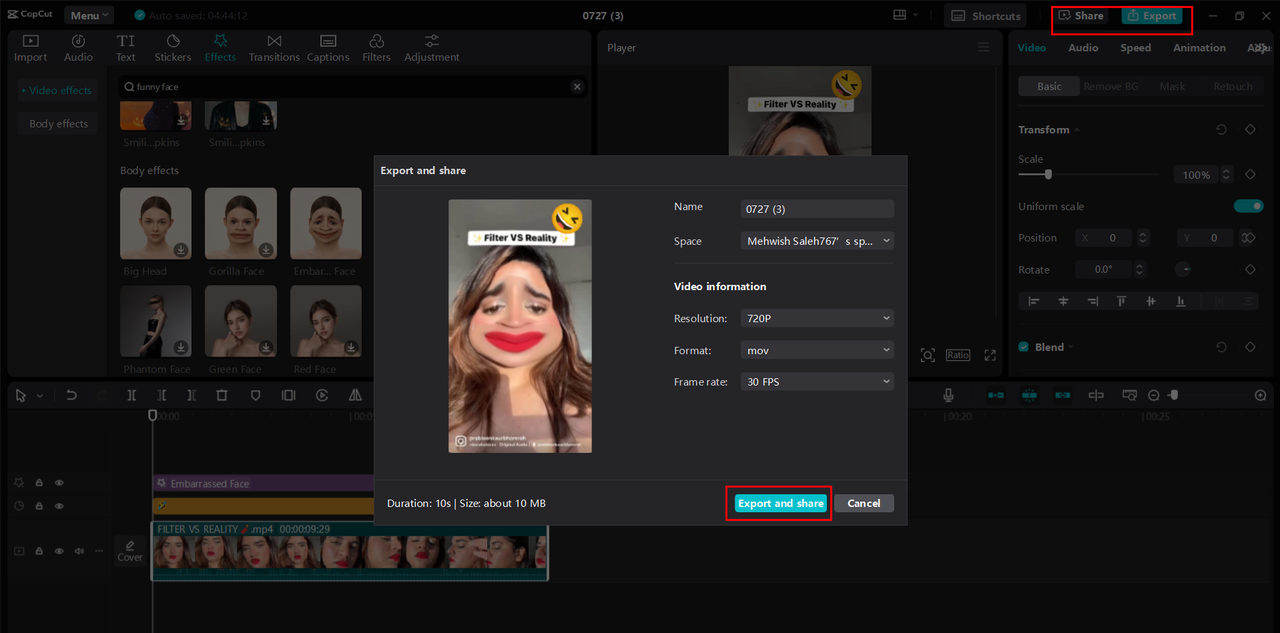 Exporting or sharing funny short videos in the CapCut desktop video editor