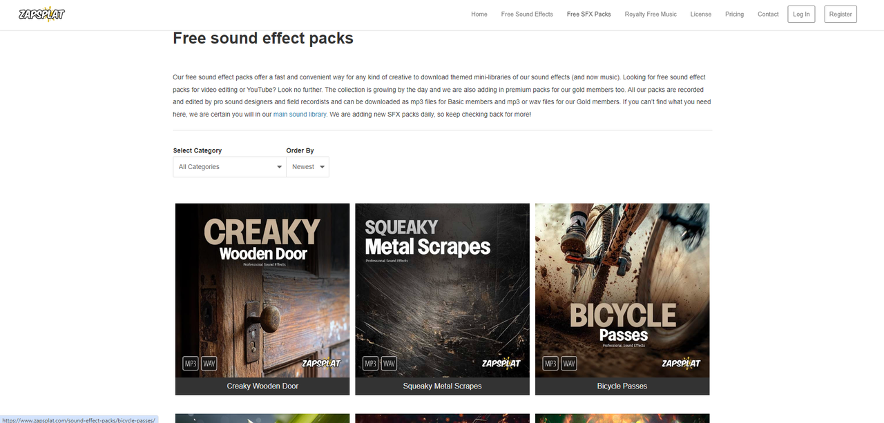 Interface of ZapSplat - a reliable website to download trailer sound effects