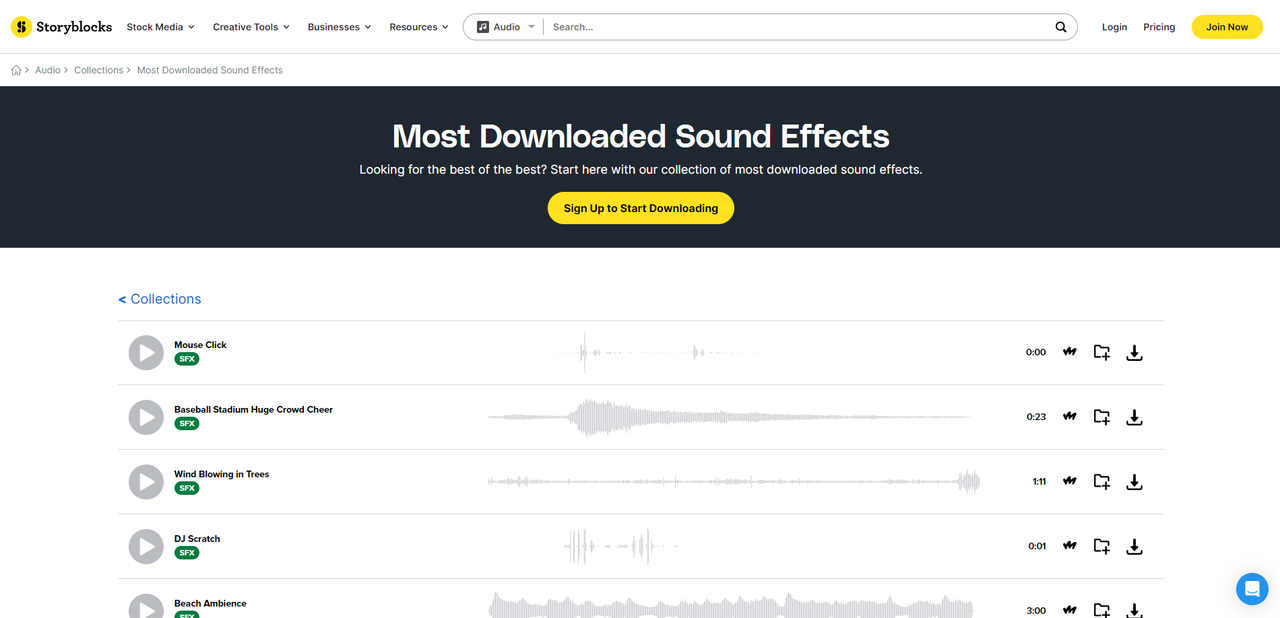 Interface of Storyblocks - get high-quality movie trailer SFX in minutes