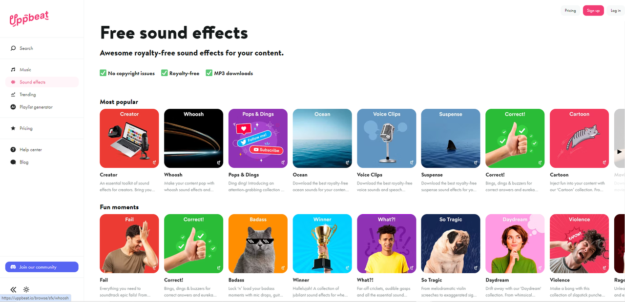  Interface of Upbeat- the perfect place to find trailer music sound effects