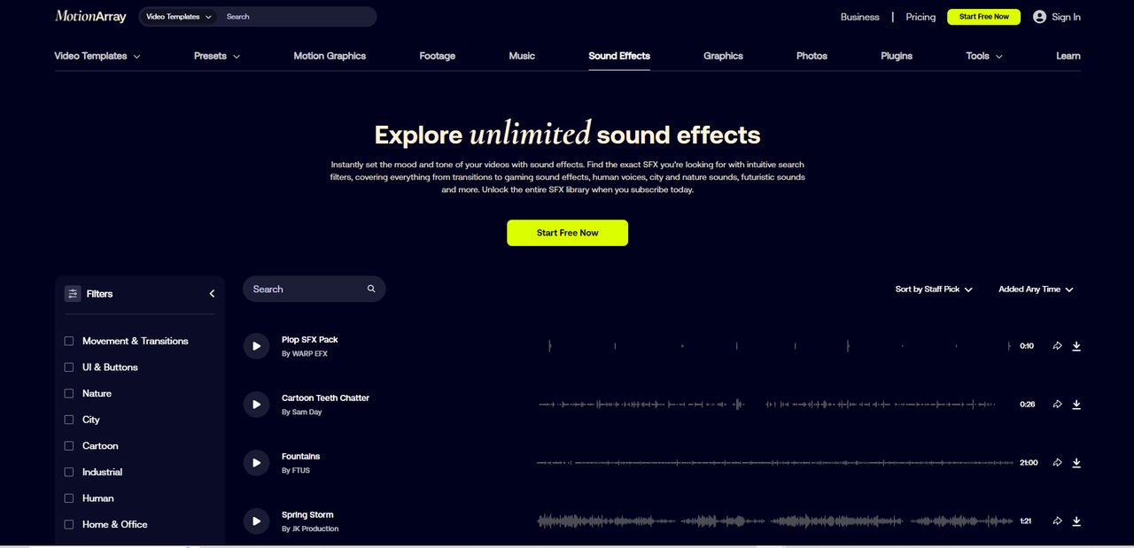 Interface of MotionArray - another way to get cinematic trailer sound effects