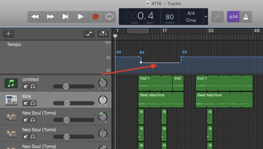 Using the tempo track feature in GarageBand to speed up a song