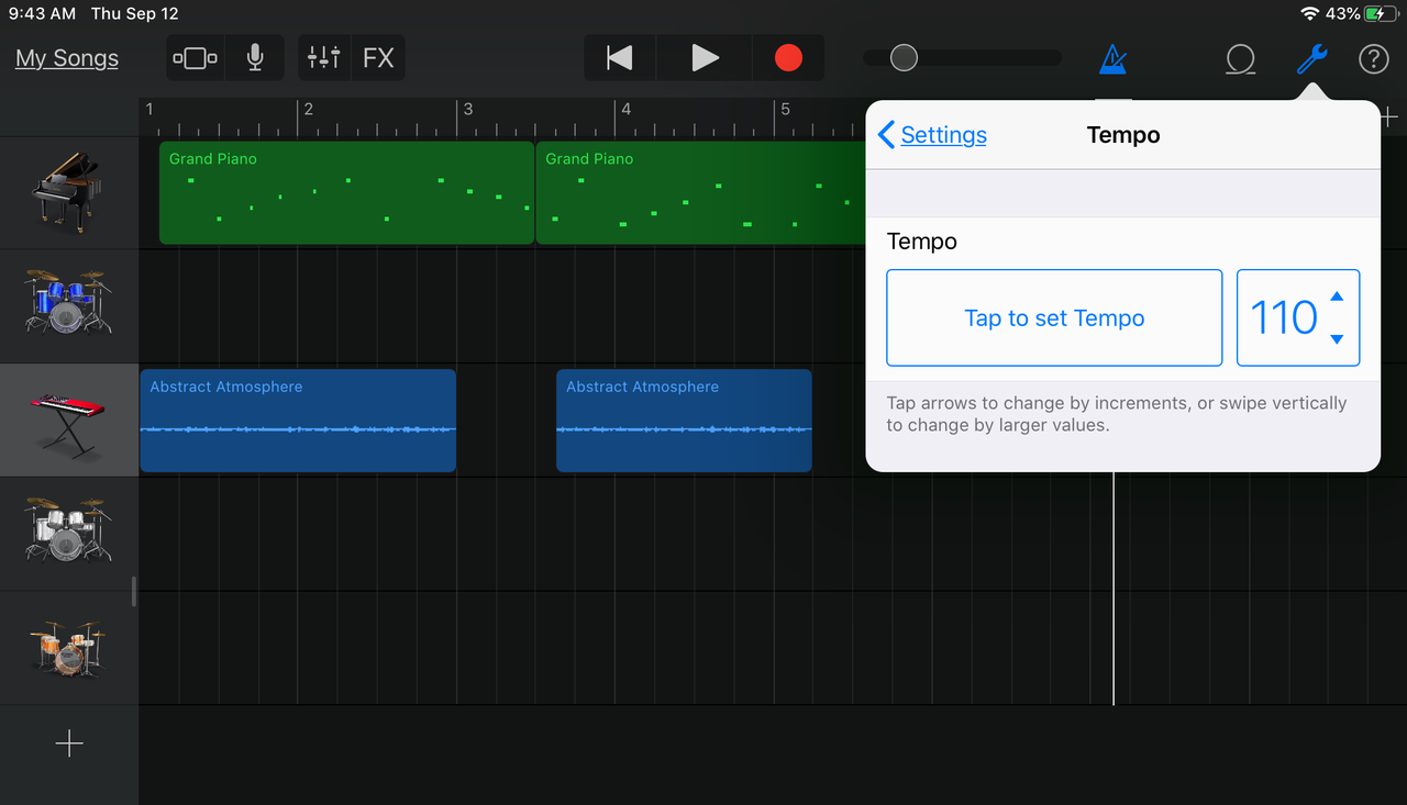 Image showing how to speed up music on GarageBand using iOS