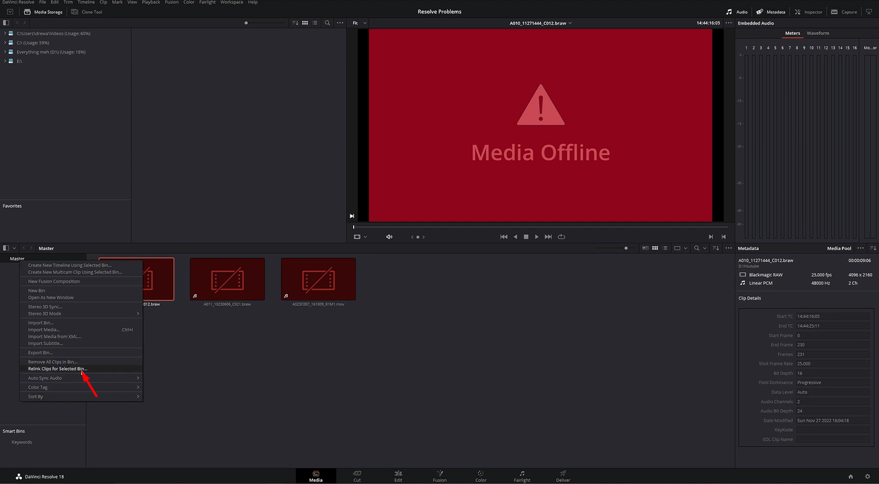 Interface showing how to relink selected clips to tackle DaVinci Resolve media offline issue