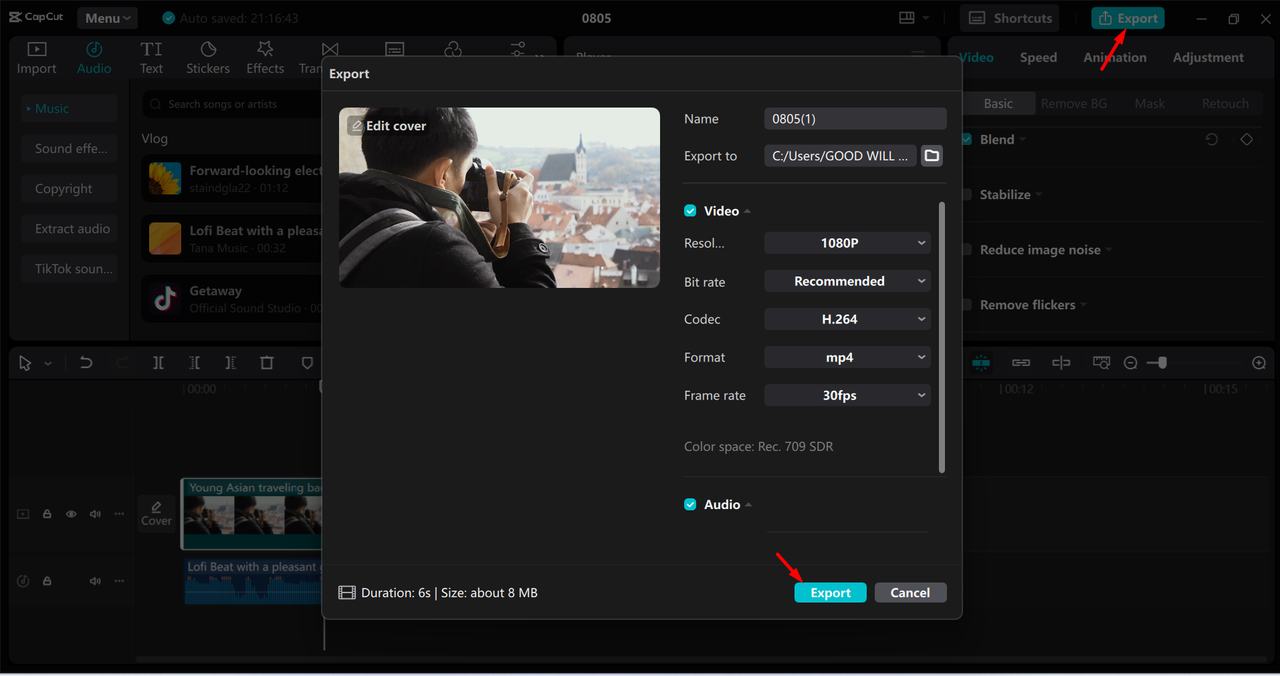 Exporting video from the CapCut desktop video editor