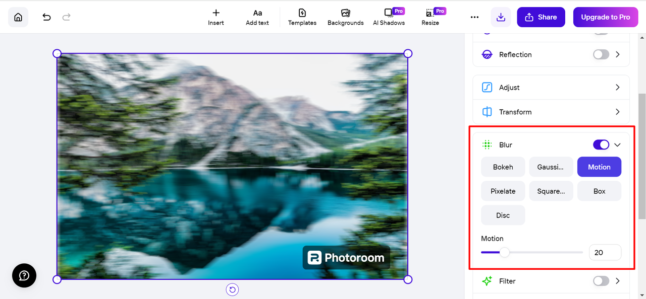 Interface of Photoroom - a well-known online tool to add motion blur to photos