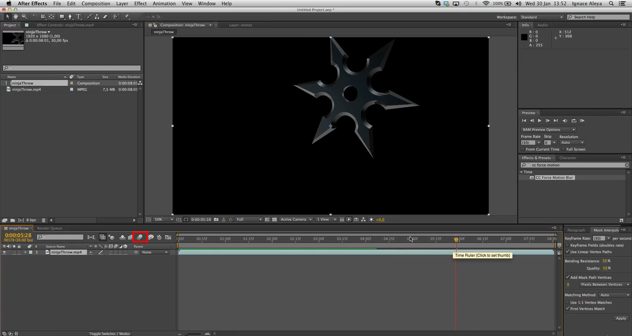 Interface of enabling motion blur in After Effects