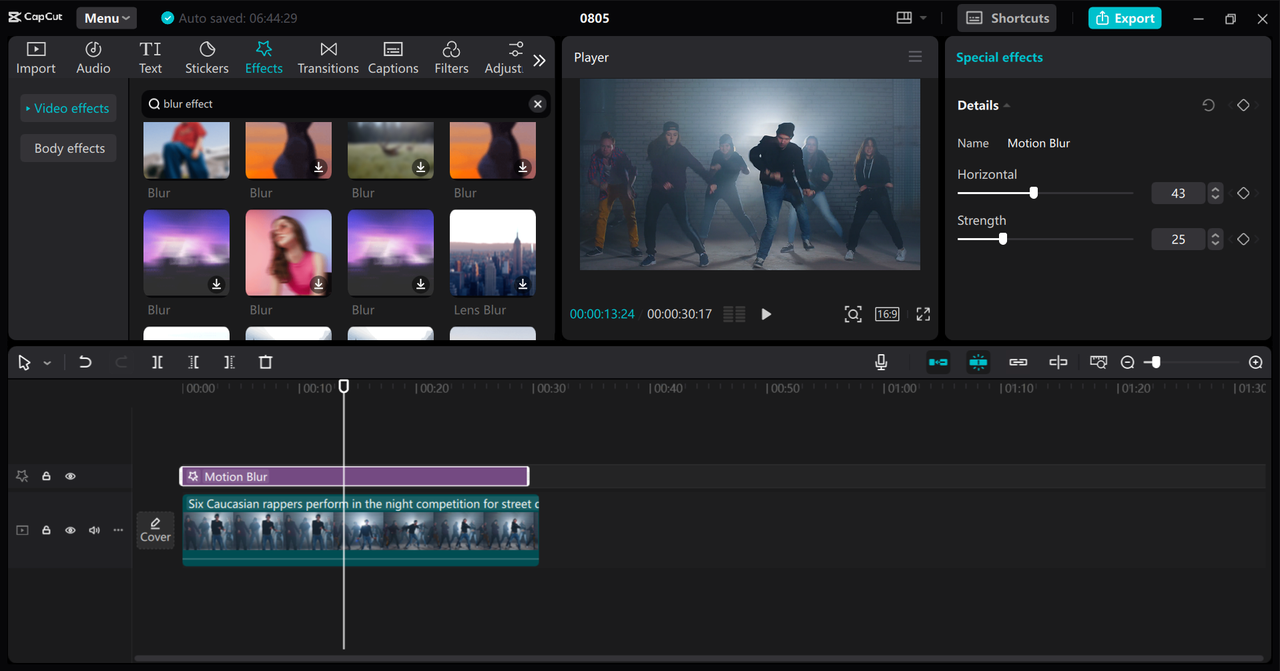 Editing interface of the CapCut desktop video editor - a perfect tool for motion blur