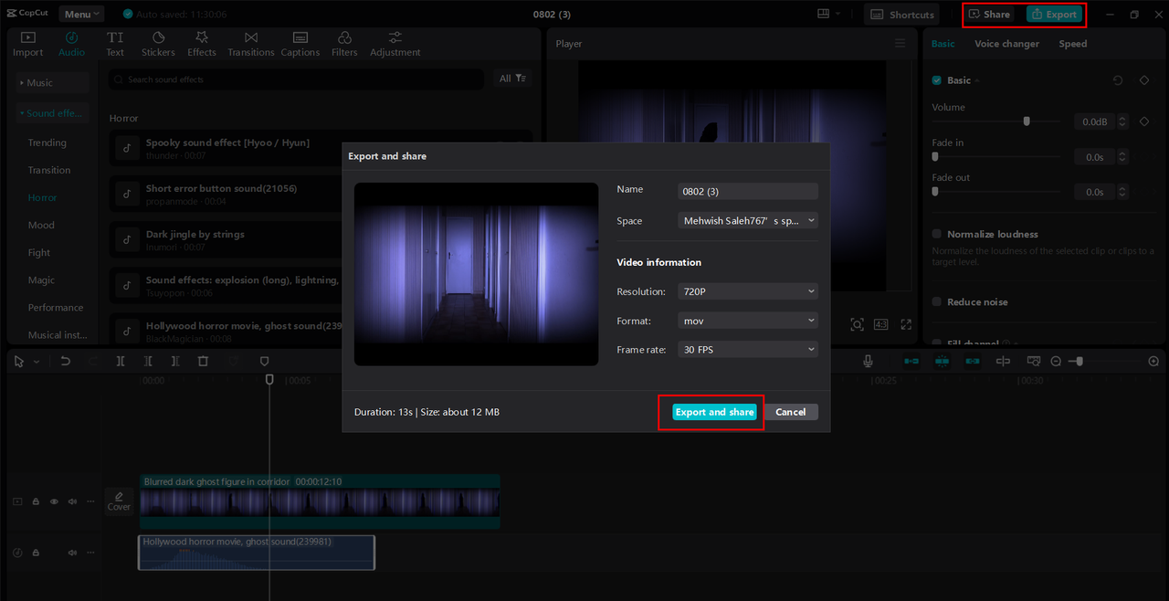 Exporting or sharing the video from the CapCut desktop video editor