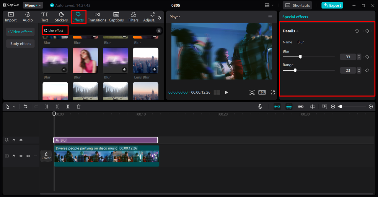 Applying the blur effect to a video in the CapCut desktop video editor