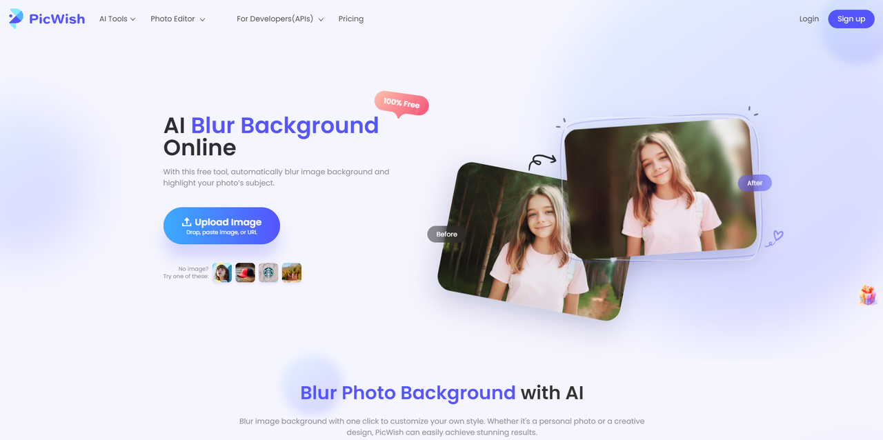 Interface of PicWish - blur the background of a photo in a single click