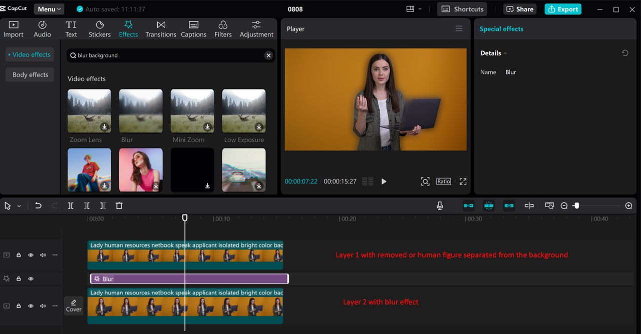 Applying and customizing blur effects in a video with CapCut desktop video editor