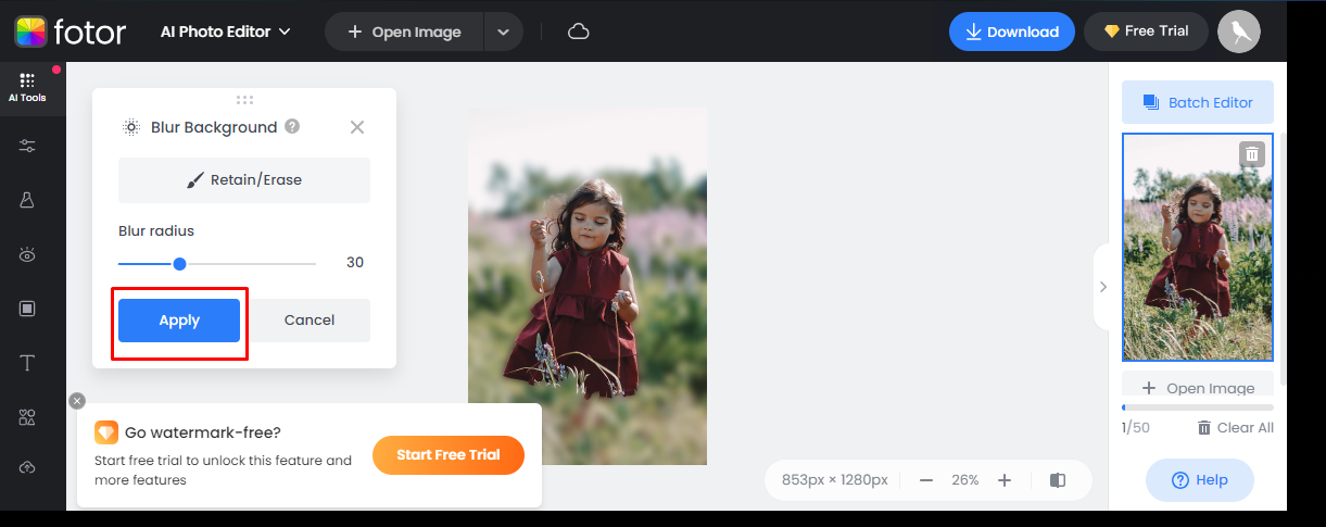 Interface of Fotor - an easy-to-use blur picture editor