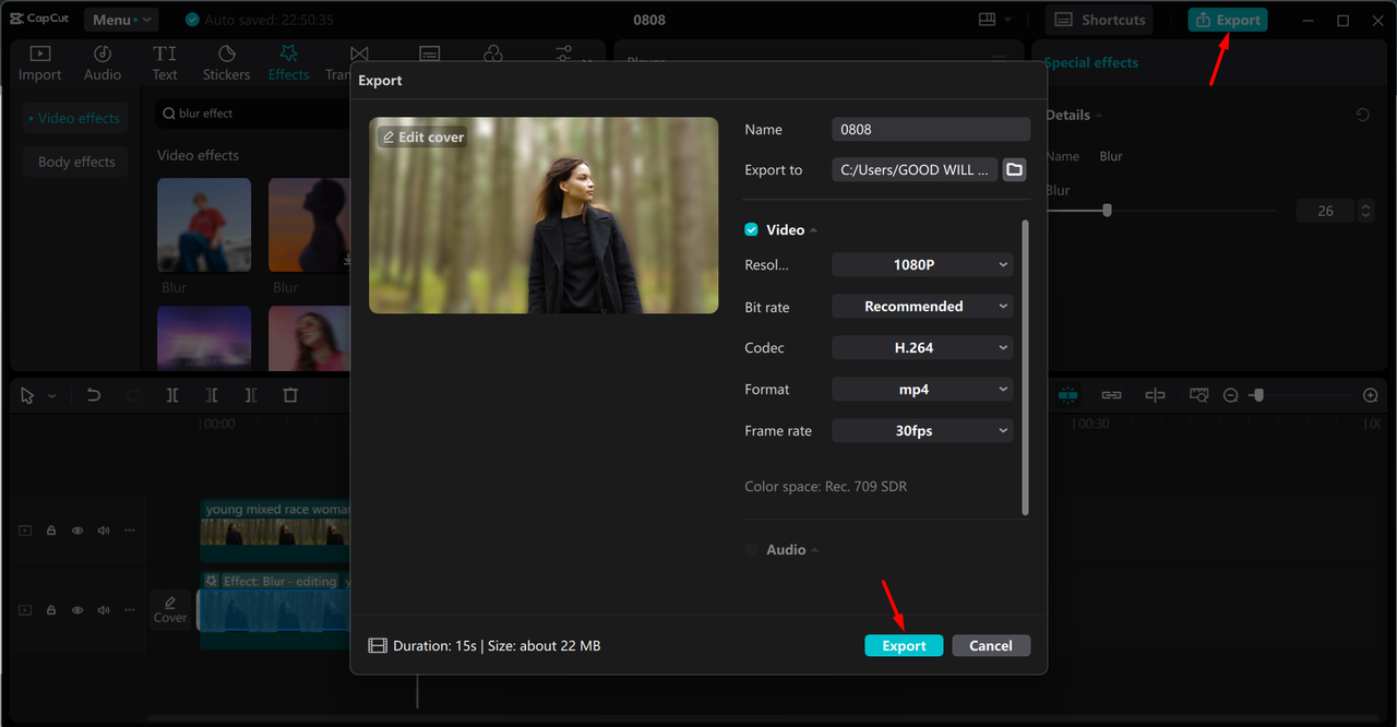 Exporting video from the CapCut desktop video editor