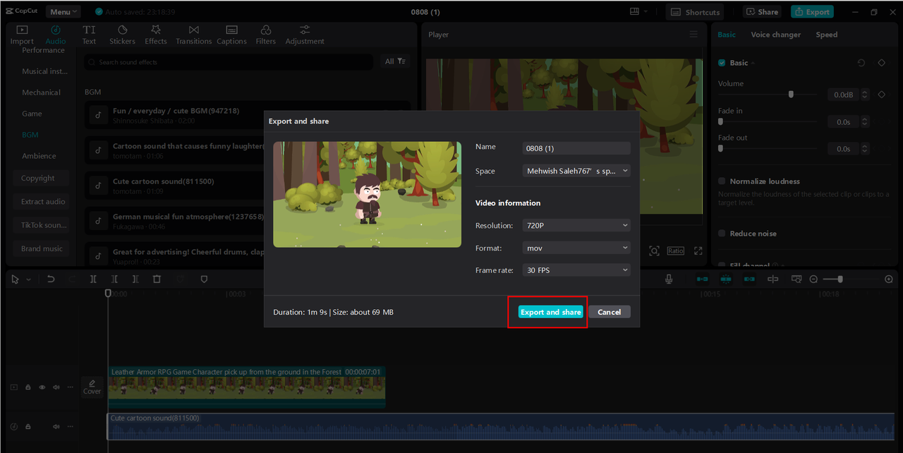 CapCut export options screen with the video is ready for download or sharing