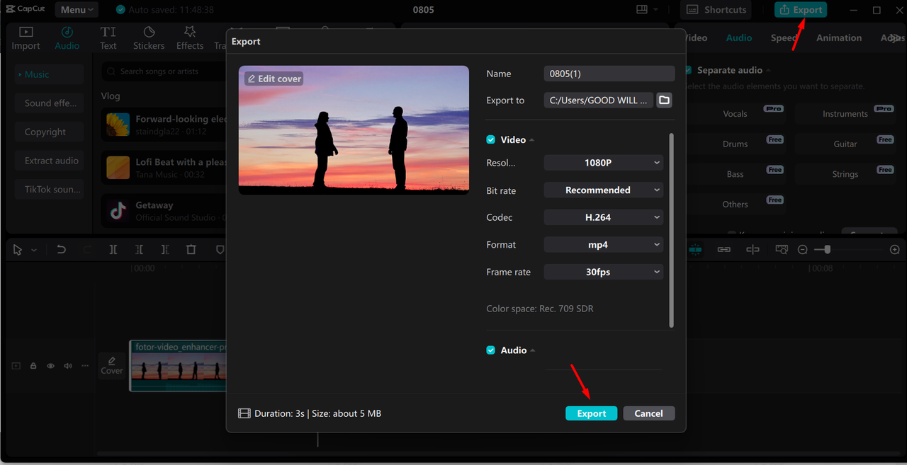 Exporting vocal-free video from the CapCut desktop video editor