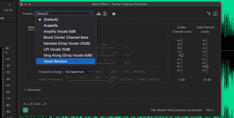 Removing vocals from the YouTube video using Adobe Audition