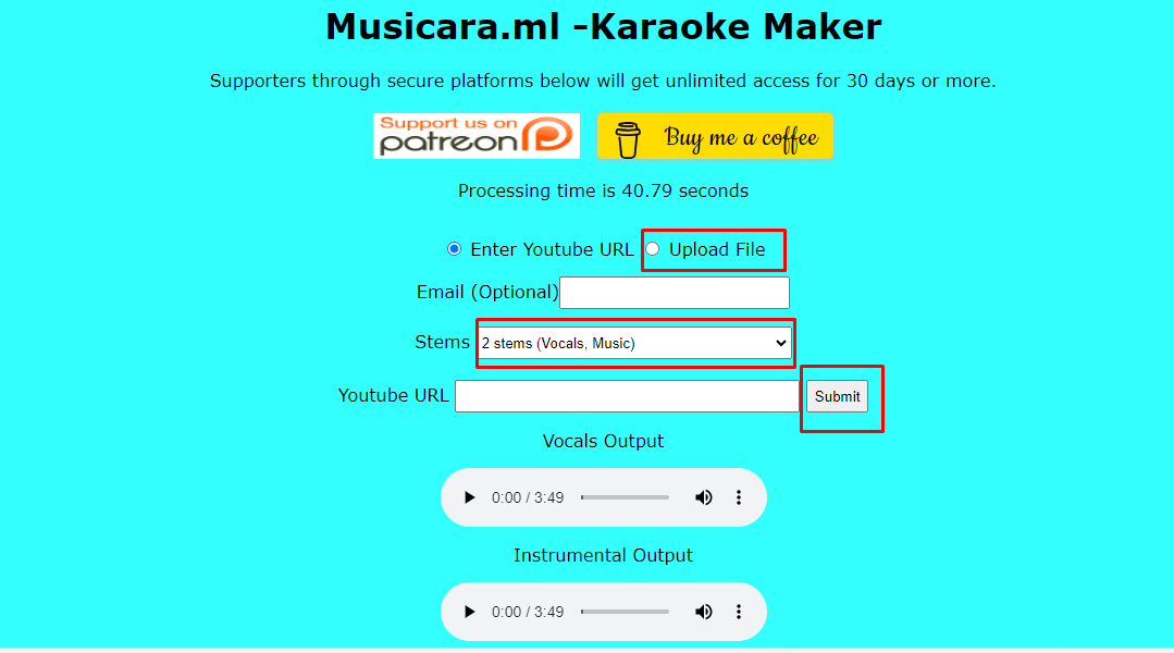 Interface of Musicara - another tool to remove vocals from YouTube videos online