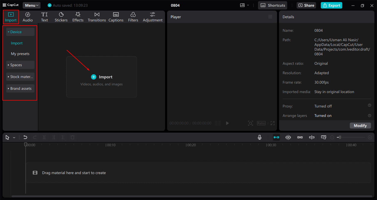 Importing the audio files in the CapCut desktop video editor