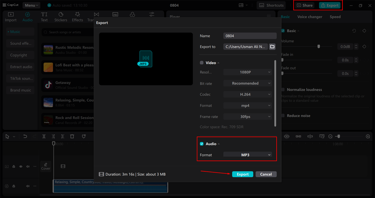 Exporting extracted vocals from CapCut desktop video editor