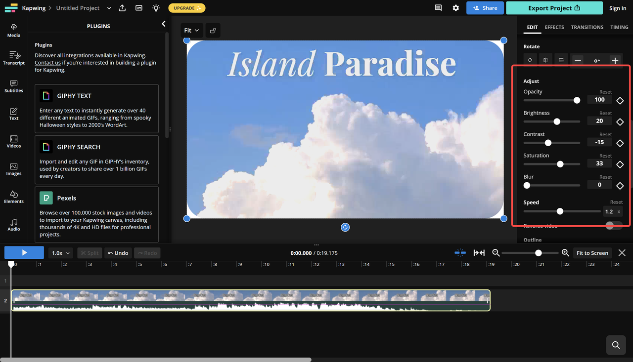 Editor interface of Kapwing - an easy-to-use video denoiser online