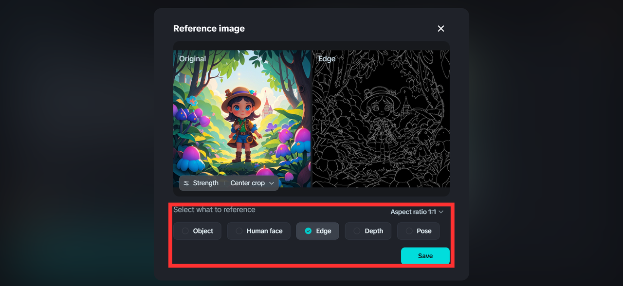 Image showing the reference image settings page on Dreamina