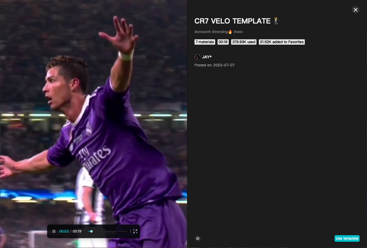 CR7 VELO template of the CapCut desktop video editor