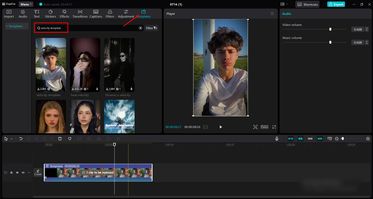 Searching the "Velocity Template" in CapCut