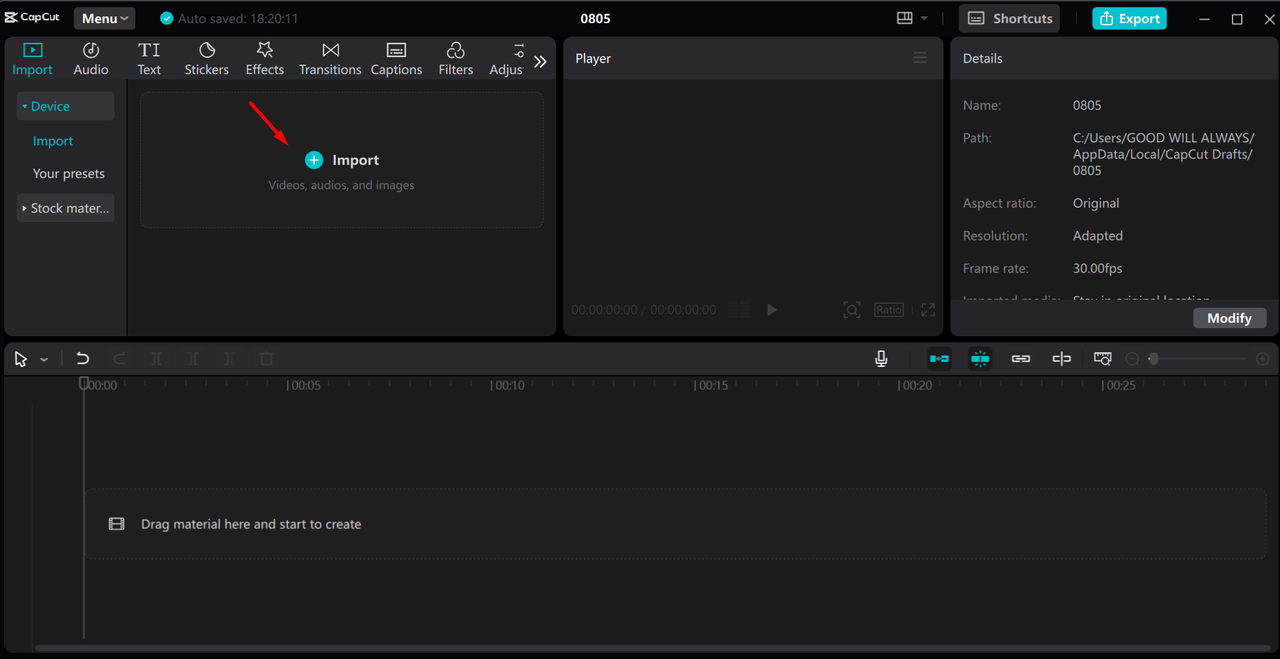 Importing media from the device to the CapCut desktop video editor