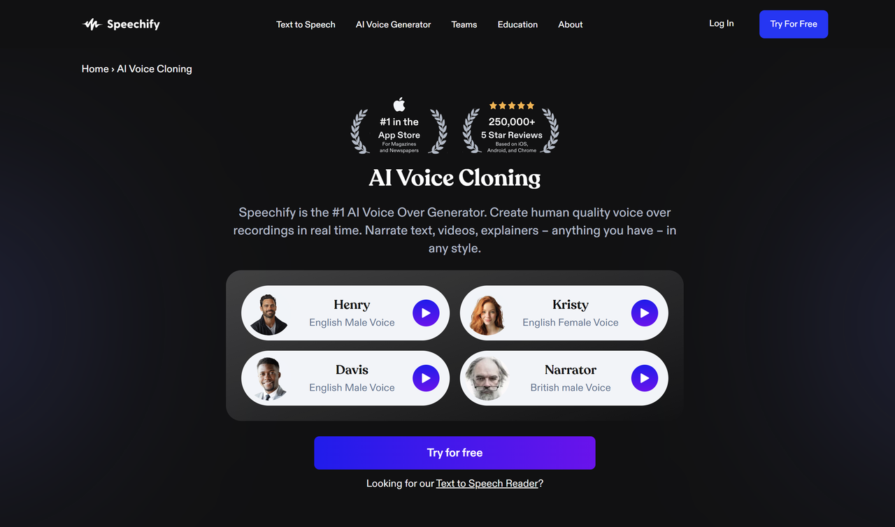 Interface of Speechify - a handy tool that offers AI voice cloning for free