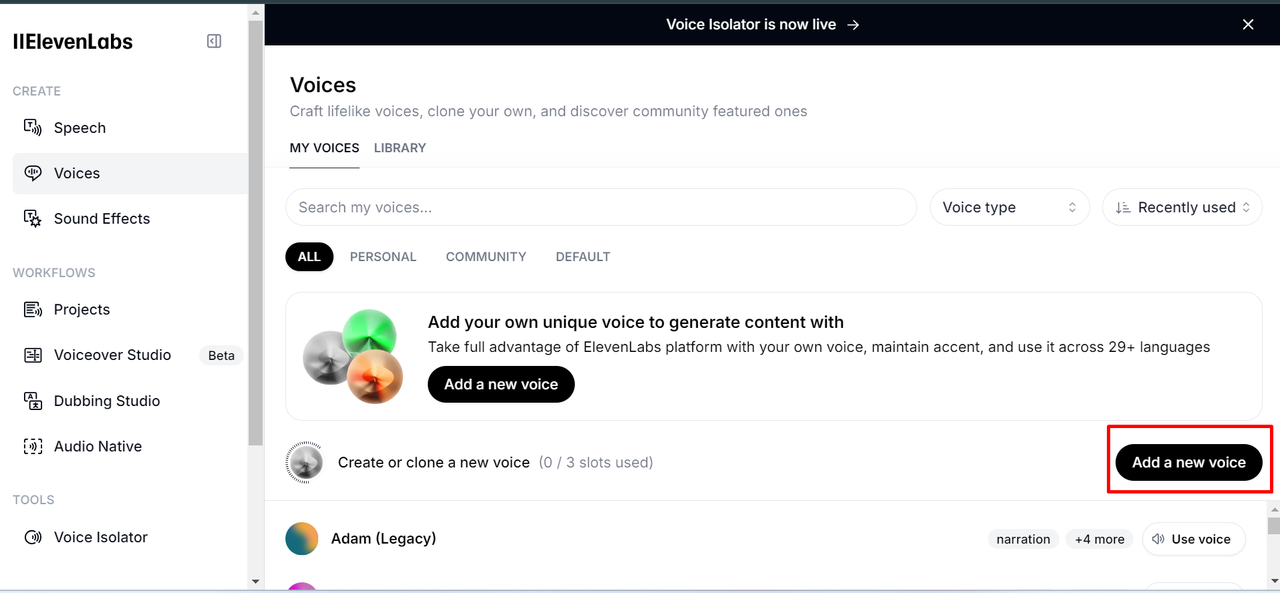 Interface of the ElevenLabs - a professional software that offers AI voice copy for free