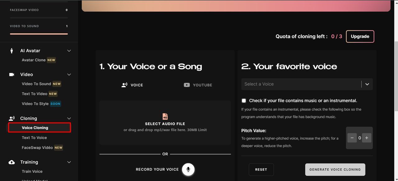 Interface of voicemy.ai- an excellent online tool with free AI voice cloning