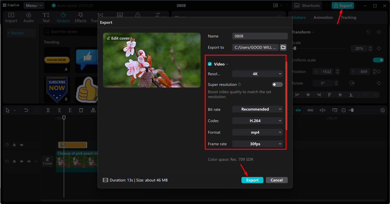 Exporting a video from the CapCut desktop video editor