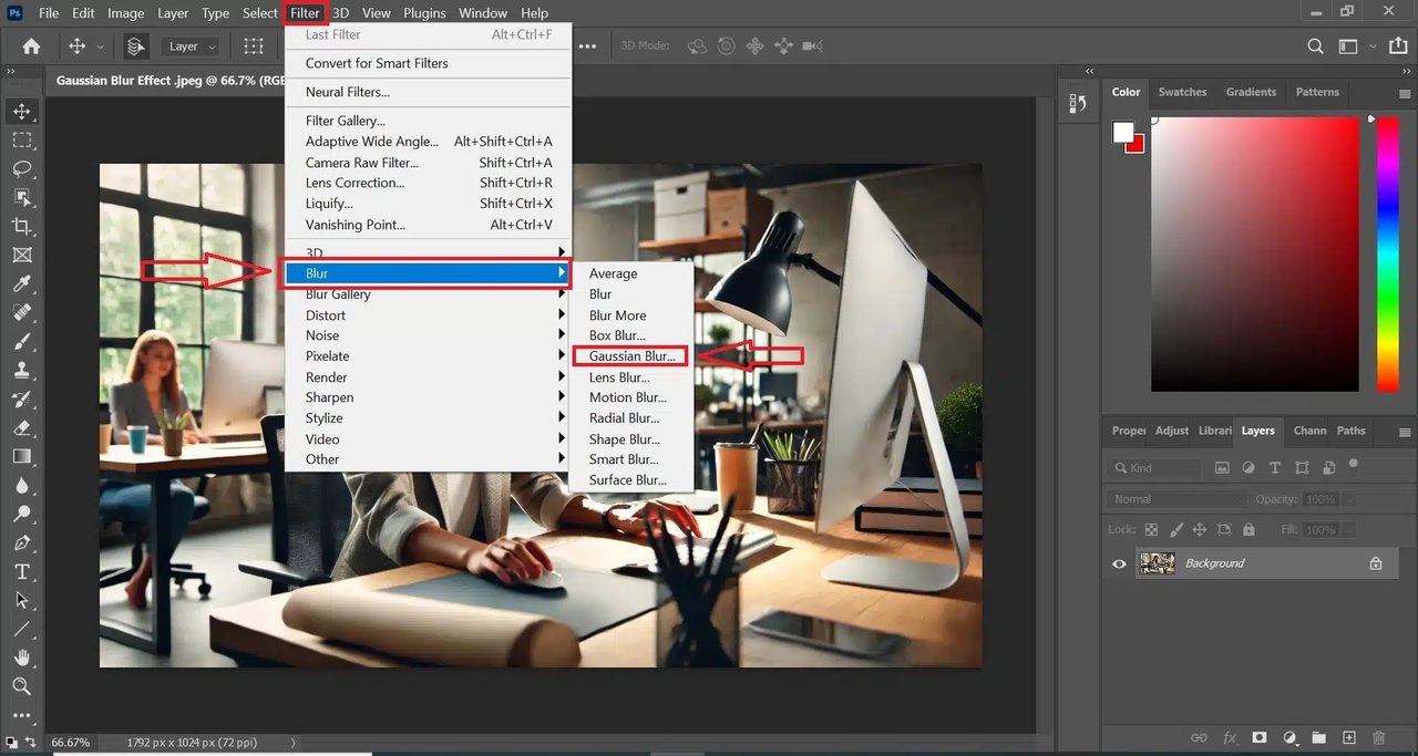 Using a Gaussian blur filter to blur background in Adobe Photoshop 