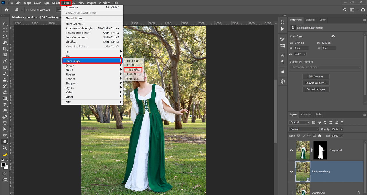 Blurring out an image background using T-shift blur in Photoshop