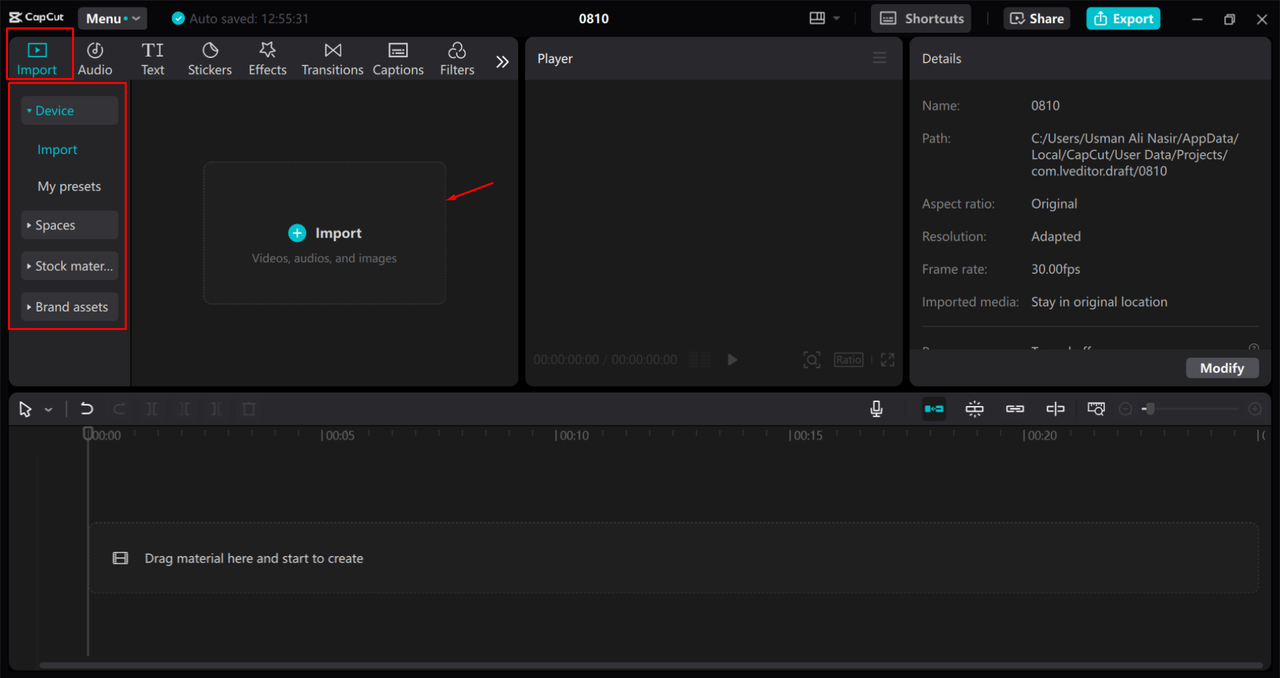 Importing a video into the CapCut desktop video editor