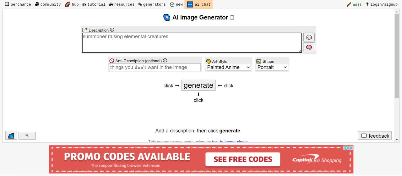 Image showing Perchance image generator's interface