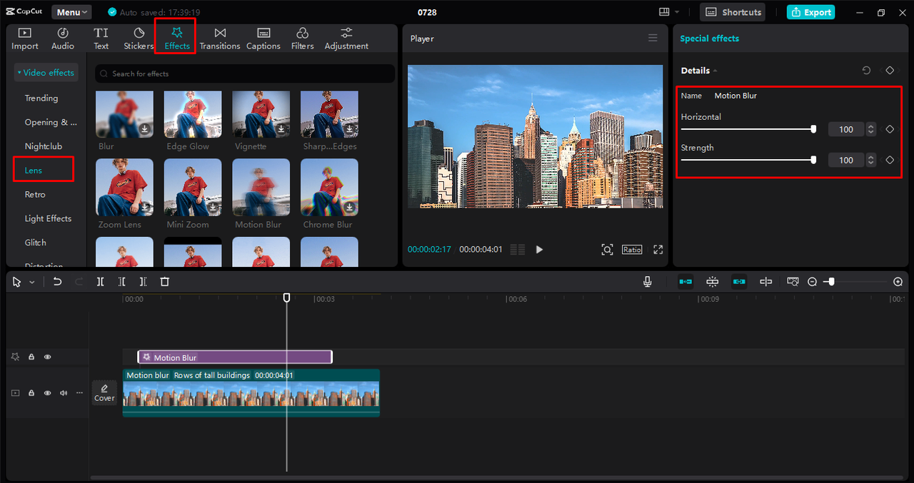 Adding motion blur to the video in the CapCut desktop video editor 