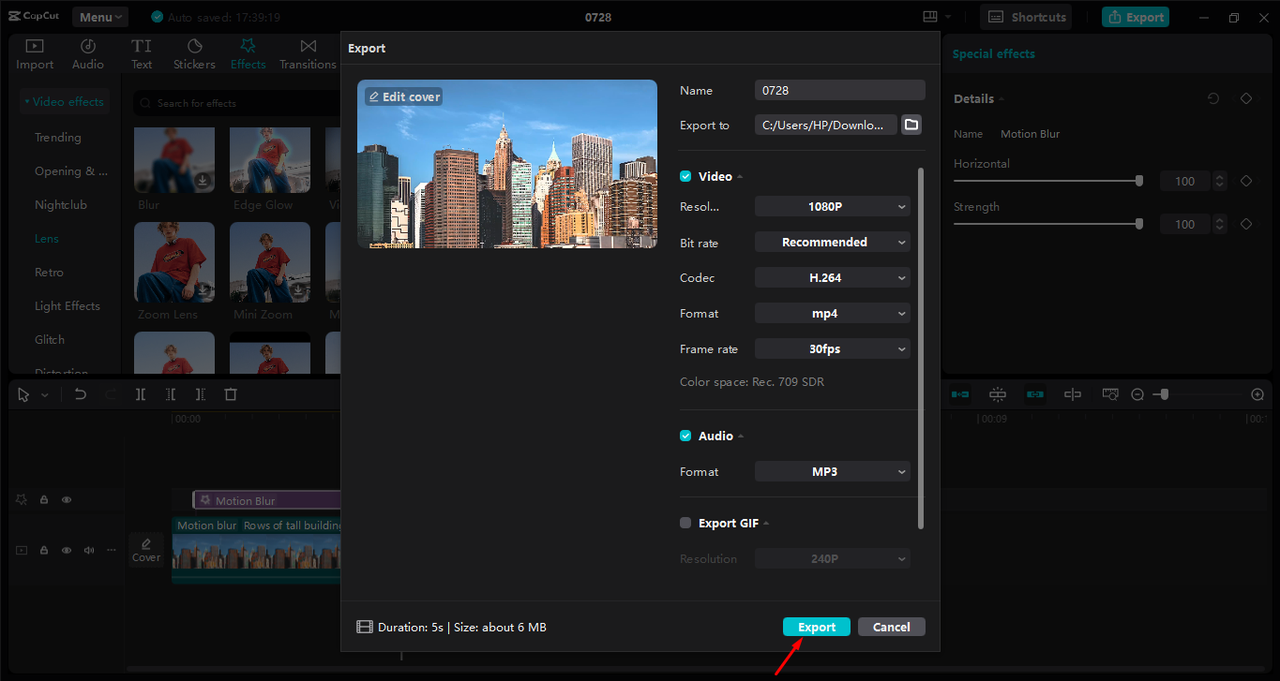 Exporting video after applying a motion blur effect in the CapCut desktop video editor