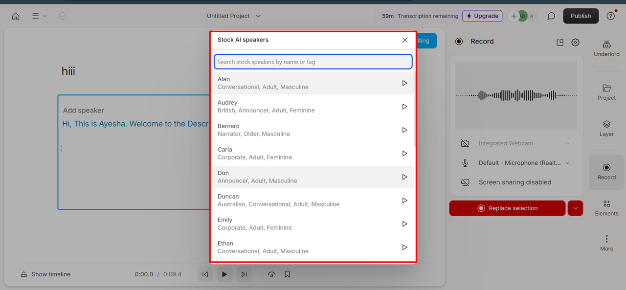 Interface showing the library of AI voices in Descript