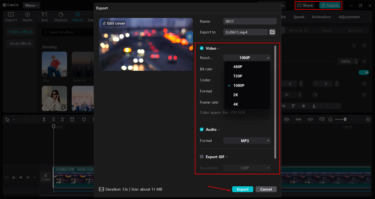 Exporting media from the CapCut desktop video editor